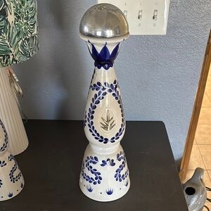 Blue and White Ceramic Decanter Set with Silver Tops